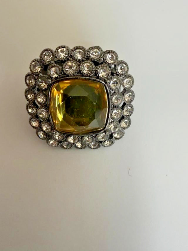 Amber Topaz Rhinestone Square Stretch Cocktail Ring Gunmetal Tone