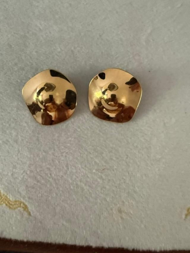 Vintage Gold Tone Sculptural Clip On Earrings Modernist Dome Square Statement