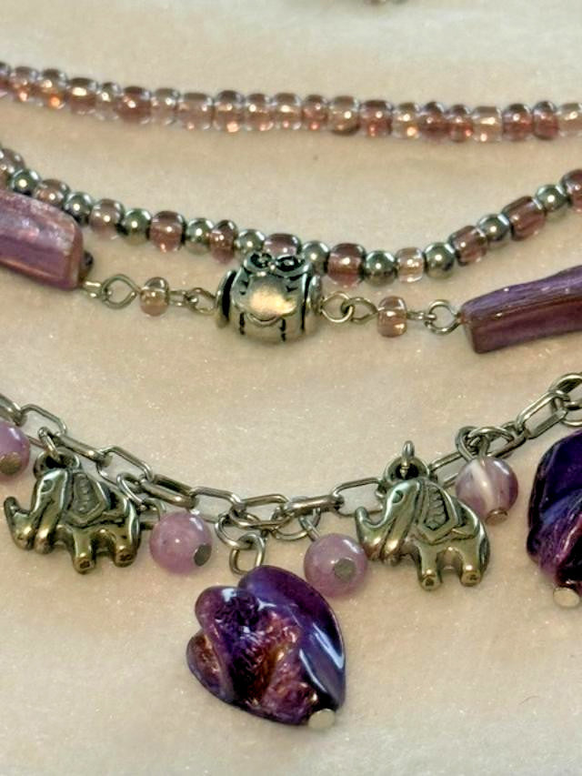 Purple Bead Owl Elephant Charm Multi Strand Necklace 18 Inch Silver Tone