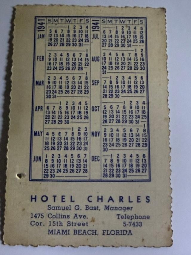 1941 Hotel Charles Miami Beach Advertising Pocket Calendar