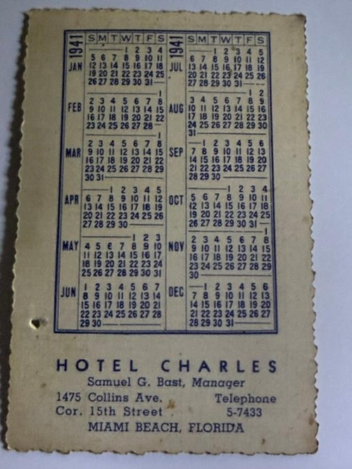 1941 Hotel Charles Miami Beach Advertising Pocket Calendar