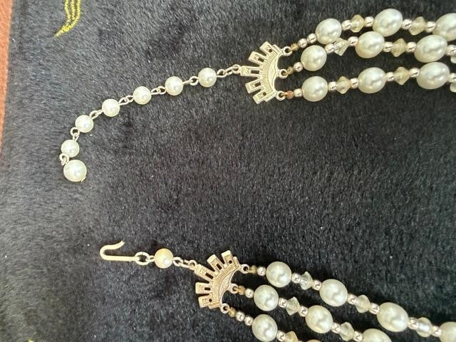 Vintage 3 Strand Beaded Necklace Clear Aurora Borealis Beads Faux White Pearls