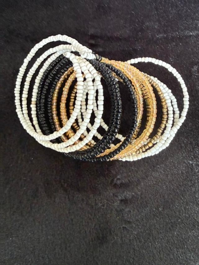 Boho 15 Strand Beaded Memory Wire Cuff Bracelet Black Cream Bronze