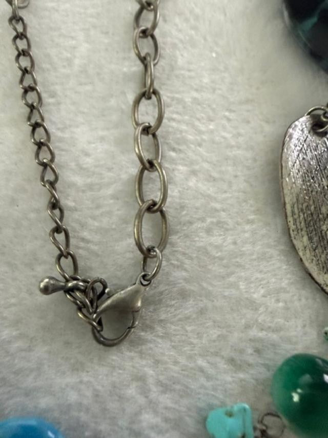 Boho Long Station Necklace Silver Tone Teal Resin Glass Beads Turquoise Chips 34