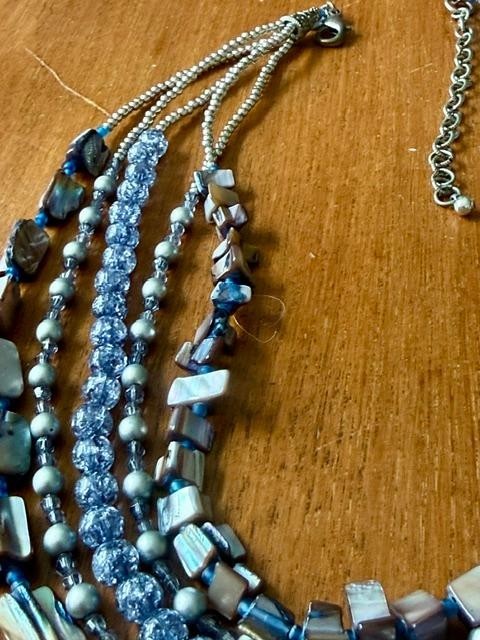 5-Strand Blue Gray Shell Crackle Bead Statement Necklace 24”