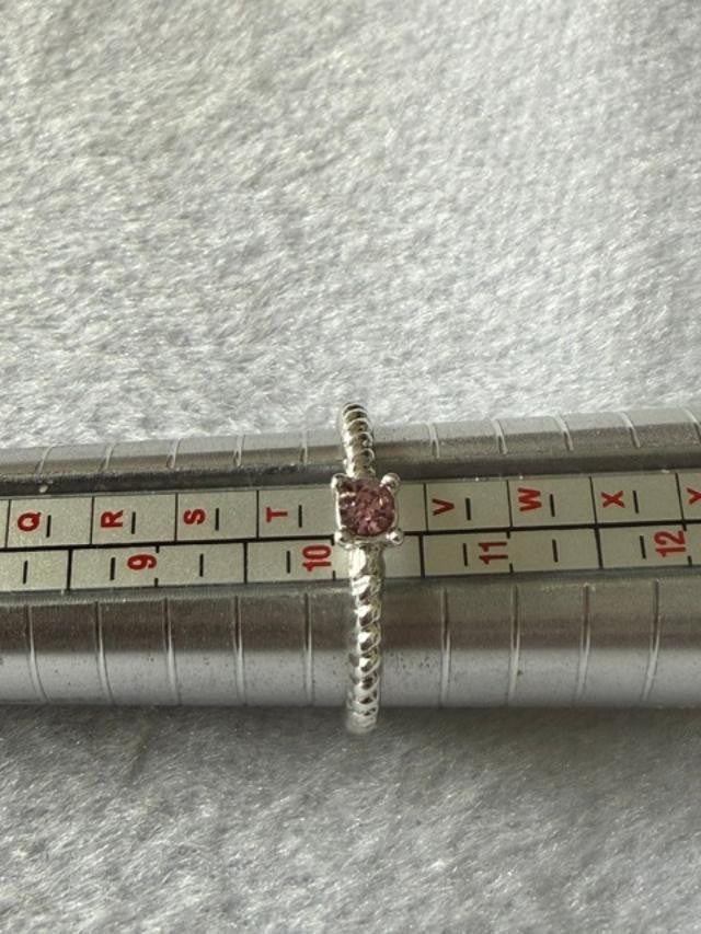 Silver Tone Pink Faceted Stone Solitaire Rope Band Ring Size 10