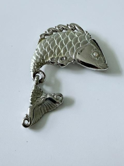Vintage JJ Jonette Pewter Fish Brooch Articulated Tail AB Rhinestone Eye
