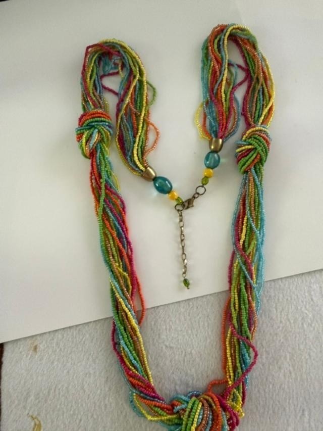 40" Multi Strand Rainbow Seed Bead Necklace Boho Knot Colorful Beaded