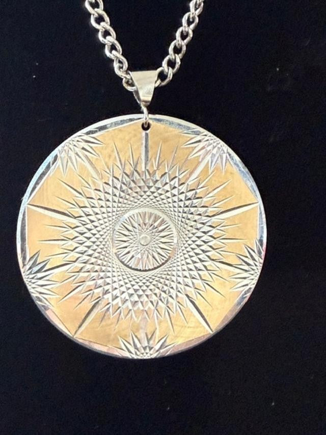 Vintage Aluminum Starburst Medallion Pendant Necklace Modernist Silver Tone