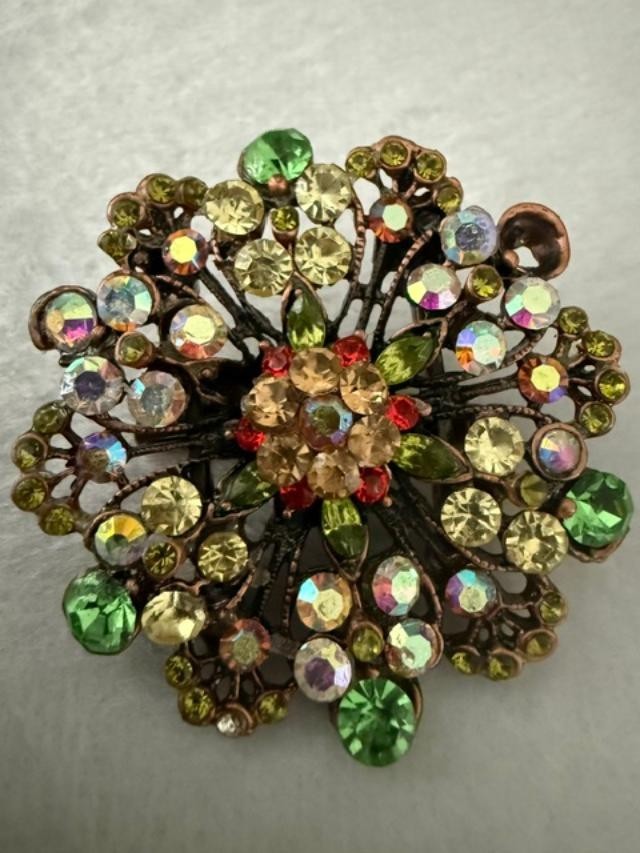 Vintage Style Rhinestone Flower Brooch Pin Green AB Crystal 2" Repurposed