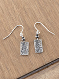 Silver-Tone Engraved Rectangle Black Bead Dangle Earrings Fishhook