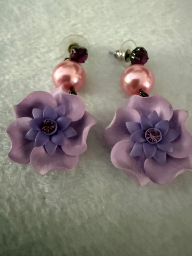 Pair of pink floral statement dangle earrings featuring fuchsia rhinestone stud