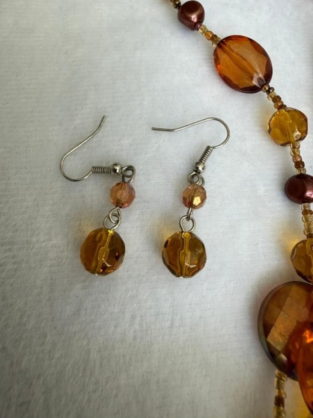You & I Amber Brown Multistrand Beaded Necklace Earrings Set Boho