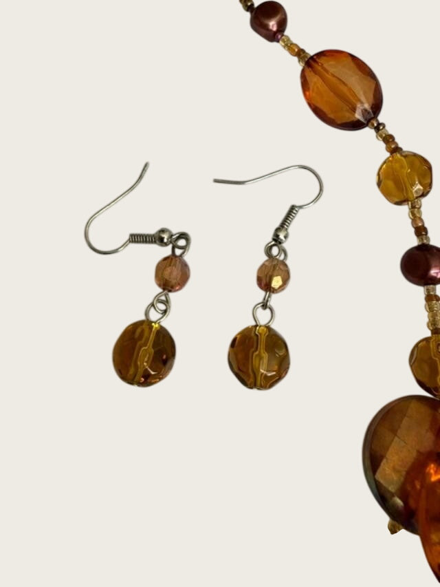 You & I Amber Brown Multistrand Beaded Necklace Earrings Set Boho