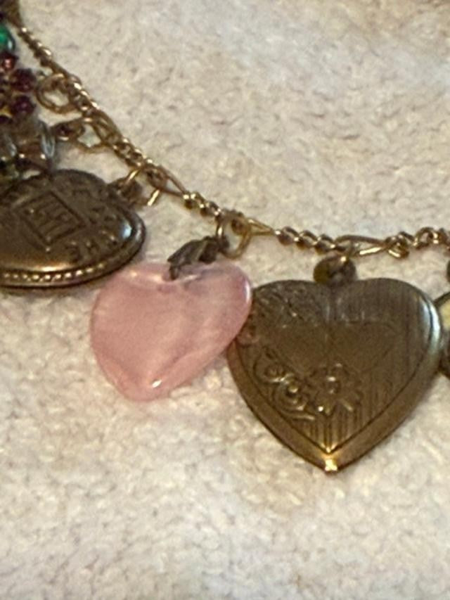 Anne Koplik Designs Charm Bracelet Antiqued Brass Hearts Rhinestone Vintage Styl