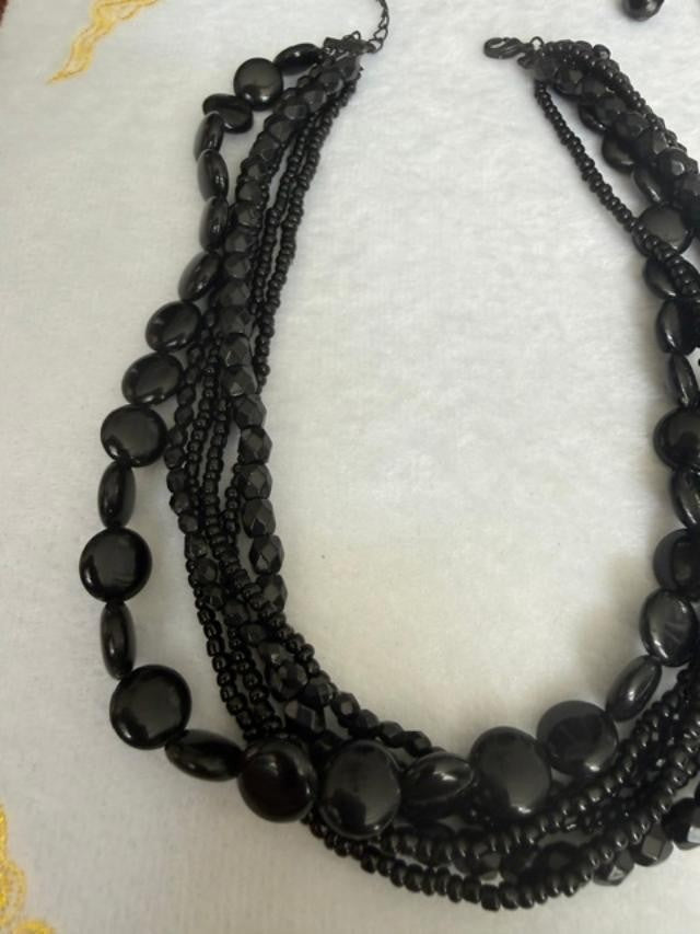 Black multi-strand beaded necklace bracelet earrings set 15" 7"