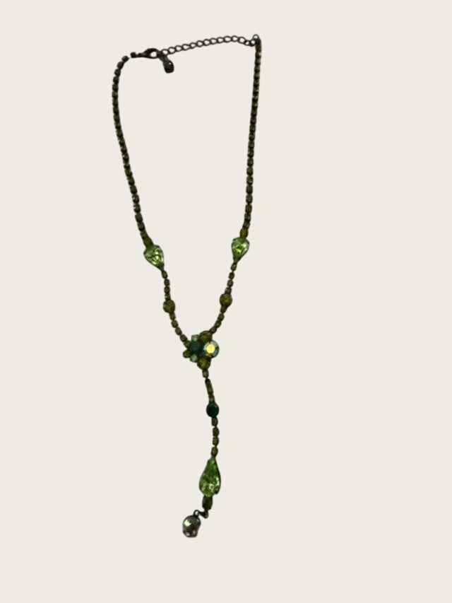 Tiara Misu signed green rhinestone crystal Y-drop lariat necklace