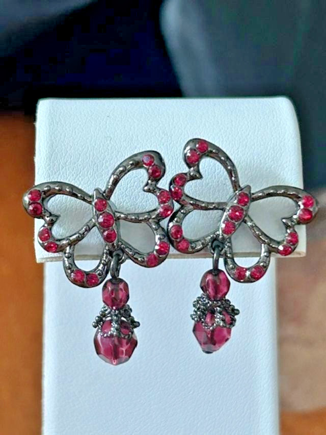 Pink Rhinestone Butterfly Dangle Earrings Gunmetal Tone Pierced