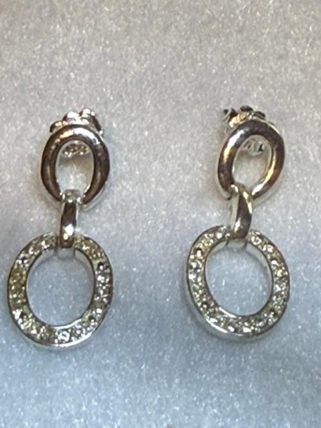 Silver-Tone Clear Rhinestone Double Circle Drop Earrings Pierced