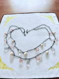 Gunmetal Double Strand Necklace Pink Beads Faux Pearls Gray Teardrops 22"
