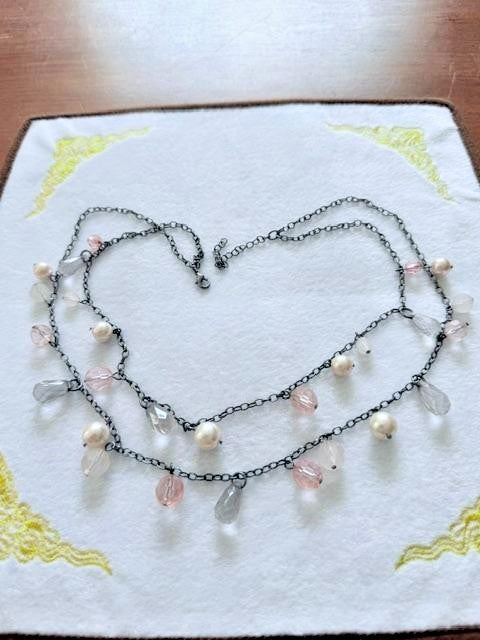 Gunmetal Double Strand Necklace Pink Beads Faux Pearls Gray Teardrops 22"