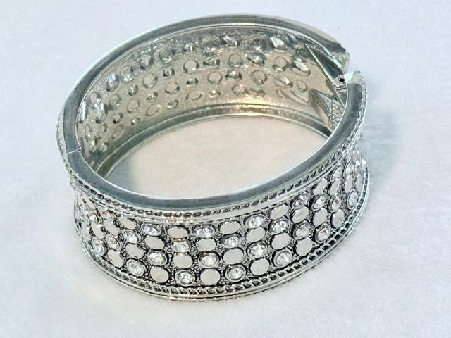 Silver Tone Clear Rhinestone Mosaic Hinged Cuff Bracelet 1.25 approx. inch Wide