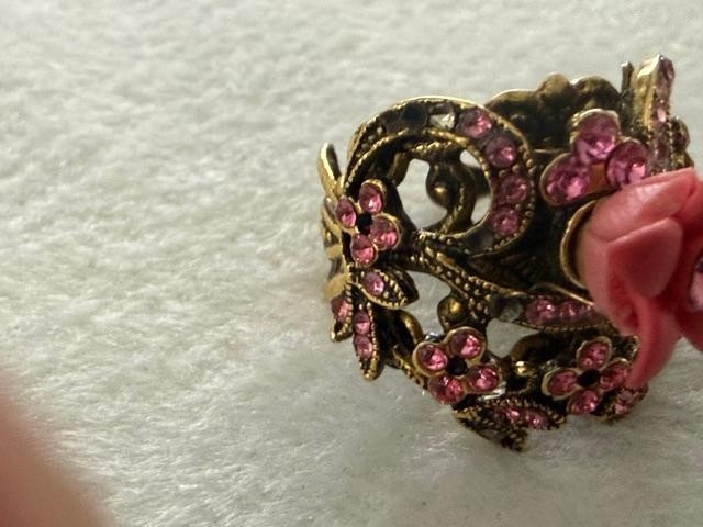 Tiara Misu Pink Rhinestone Flower Adjustable Cocktail Ring Gold Tone