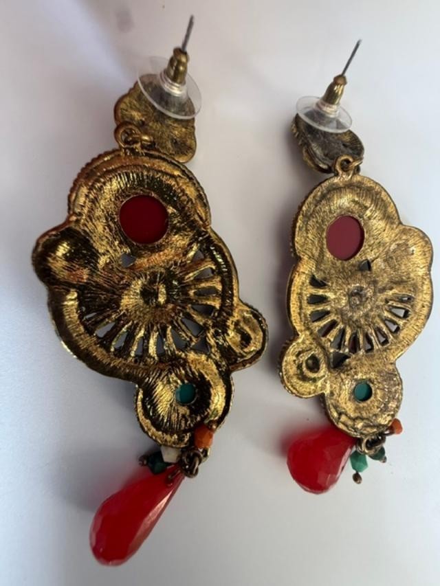 Large Boho Paisley Chandelier Earrings Red Turquoise Gold Tone Statement 4 Inch