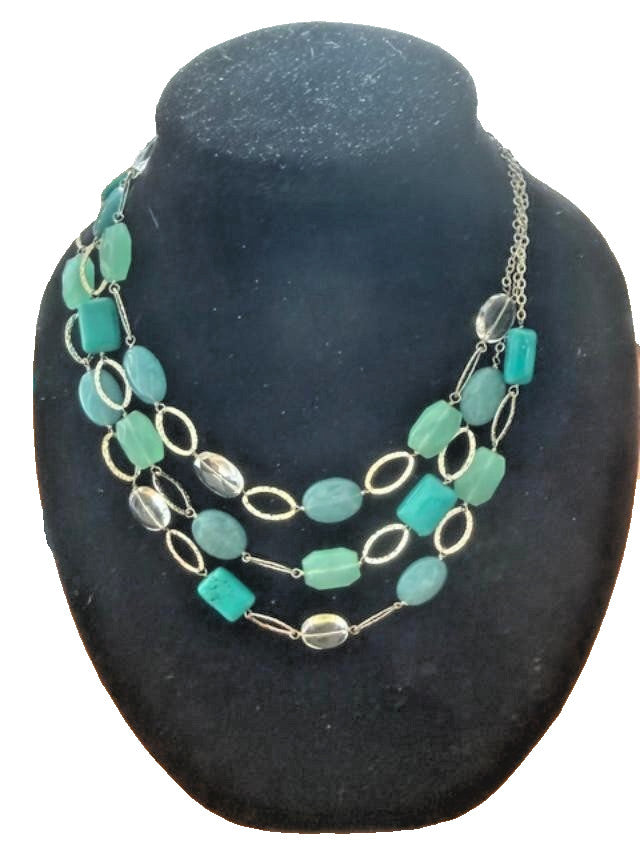 Aqua Turquoise Green Triple Strand Beaded Necklace Silver Tone 17" Unsigned