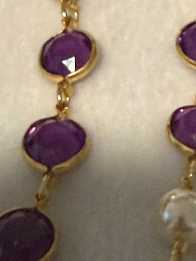 Vintage Purple Glass Bezel Link Necklace Faux Pearl Gold Tone 33"