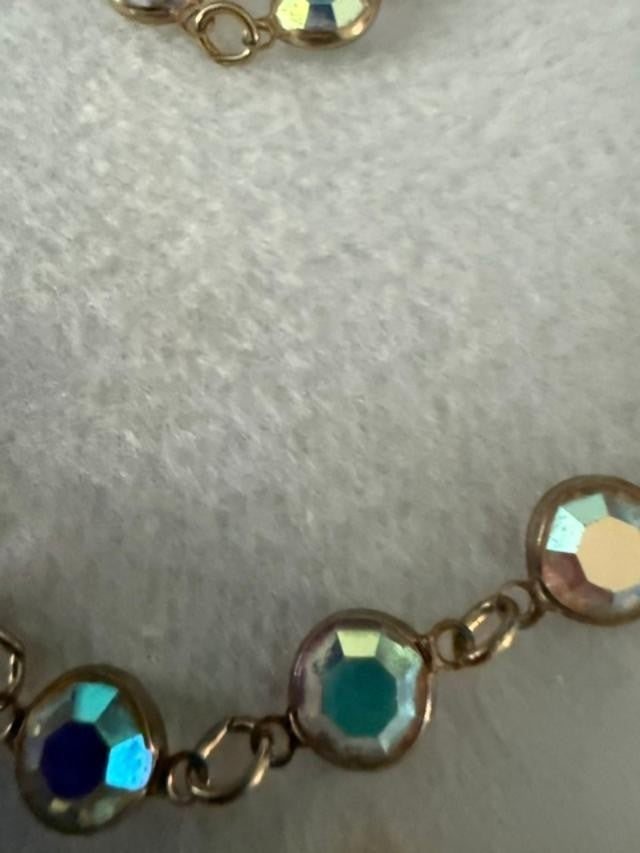Gold Tone Aurora Borealis Crystal Station Necklace 17" Faceted No Clasp