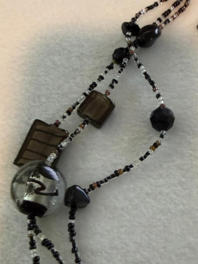 Vintage Tiara Misu Multi Strand Black Gray Glass Bead Statement Necklace