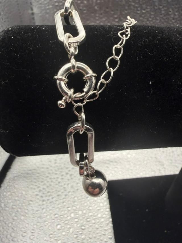 Silver Tone Chunky Paperclip Link Charm Bracelet Ball Rhinestone Tag Dangle Mode