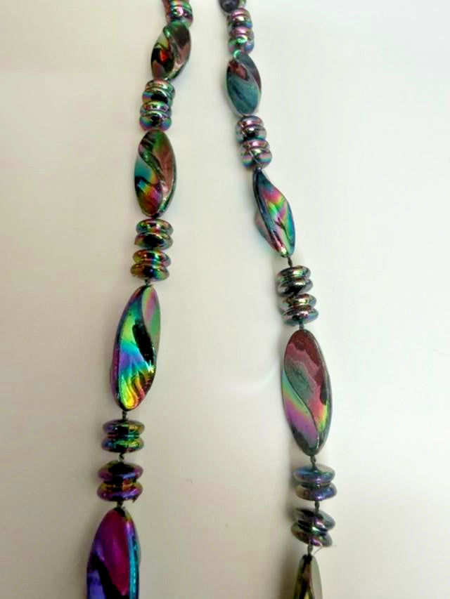 36" Rainbow Iridescent  Bead Necklace Long Costume Jewelry