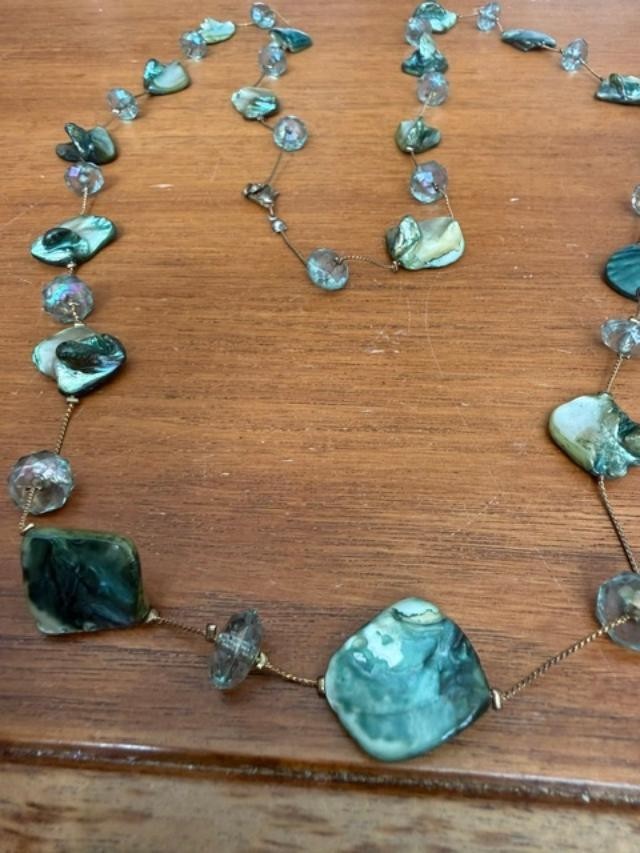 Black Lip Mother of Pearl Shell Glass Bead Long Station Necklace Boho