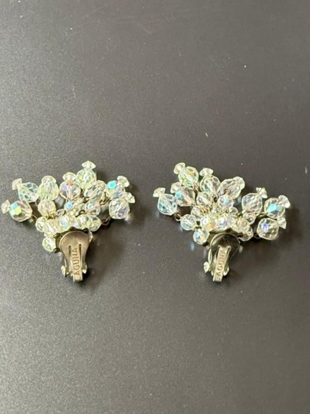 Vintage Laguna AB Crystal Beaded Cluster Clip On Earrings dangle glass