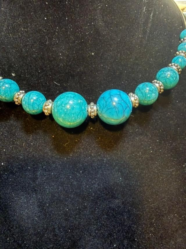 Turquoise Color Beaded Collar Necklac\e Rhinestone Spacers Costume Jewlelry