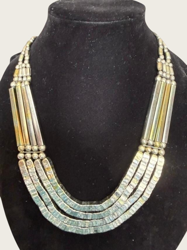 Vtg Egyptian revival tribal statement Bib necklace silver tone beads