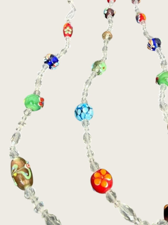 Extra-long multicolor lampwork-style glass bead necklace measuring approximately