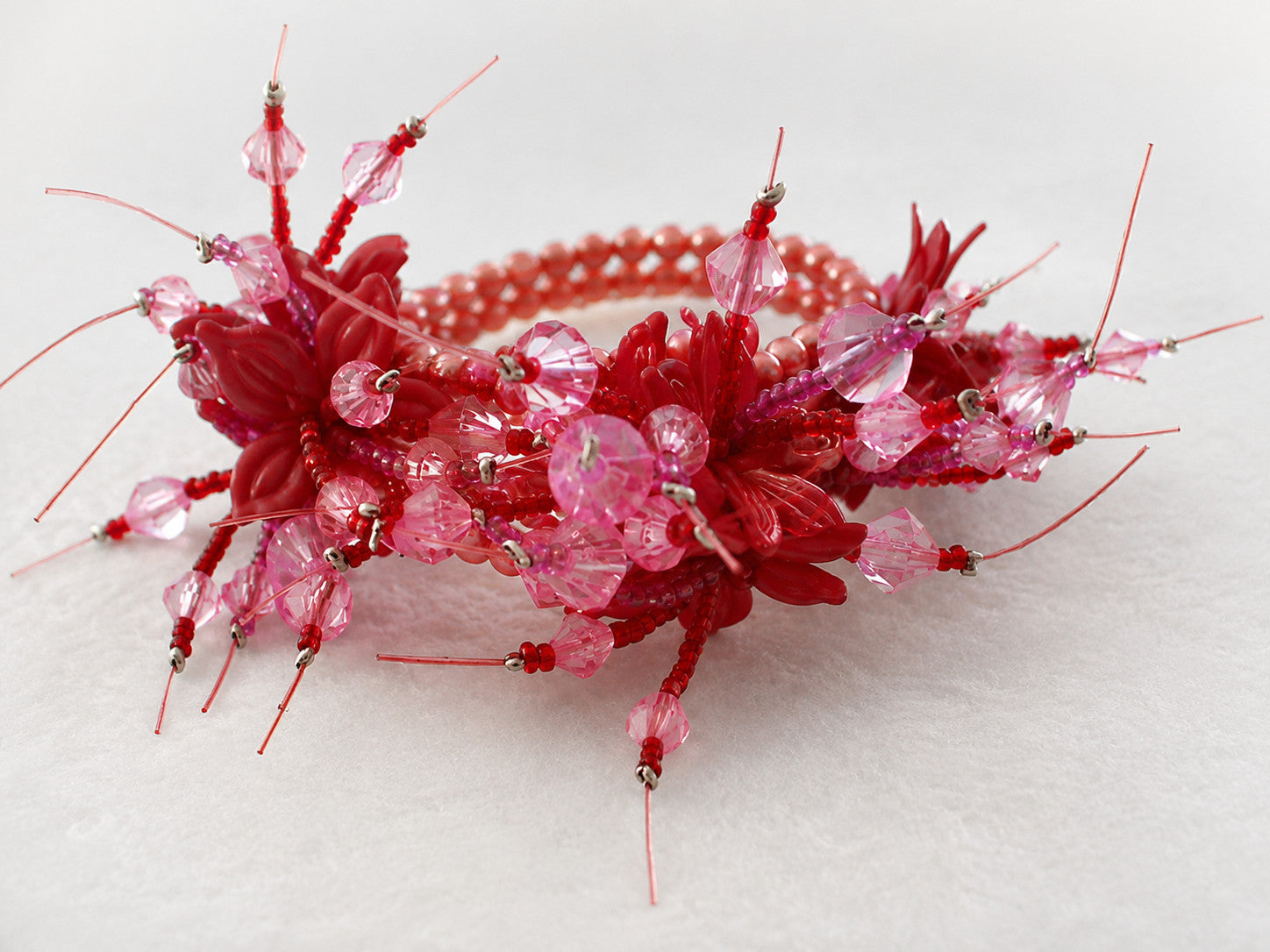 Handcrafted Pink Beaded Floral Stretch Bracelet Wired Crystal Statement