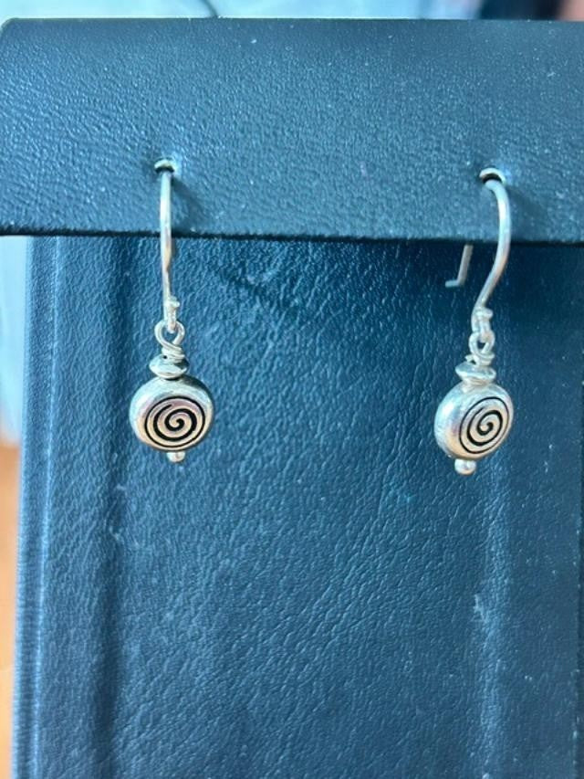Petite Silver Tone Spiral Bead Dangle Hook Earrings .5”
