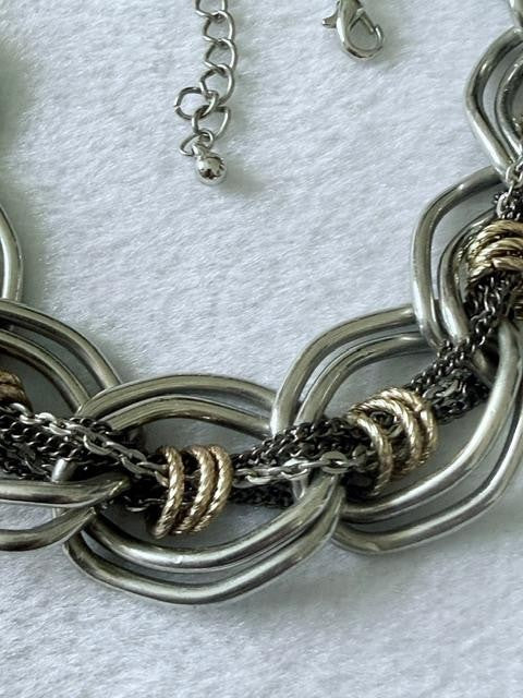Mixed Metal Chunky Oval Link Multi Strand Statement Necklace Silver Gold Tone