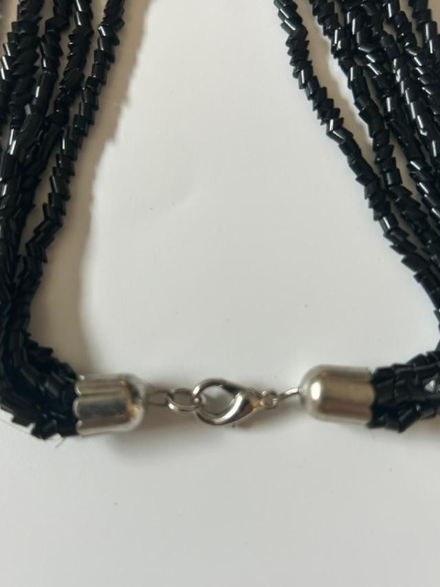 Vintage Black Multi Strand Glass Seed Bead Necklace Silver Tone Clasp  27 inch