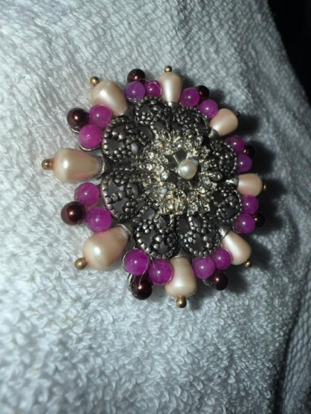 OOAK Upcycled Statement Brooch Faux Pearl Purple Bead Rhinestone Filigree Pin 2"