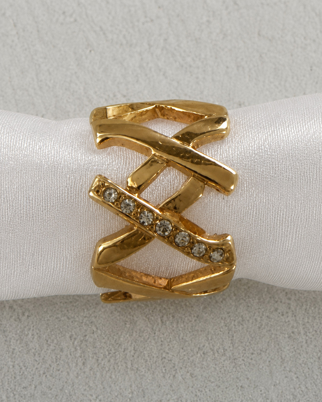 Gold Tone Crisscross Openwork Rhinestone Statement Ring Size 7.5