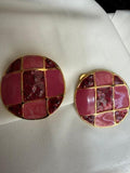 Vintage Clip-On Earrings. Pink & Gold Circle.,  1.5”Diam