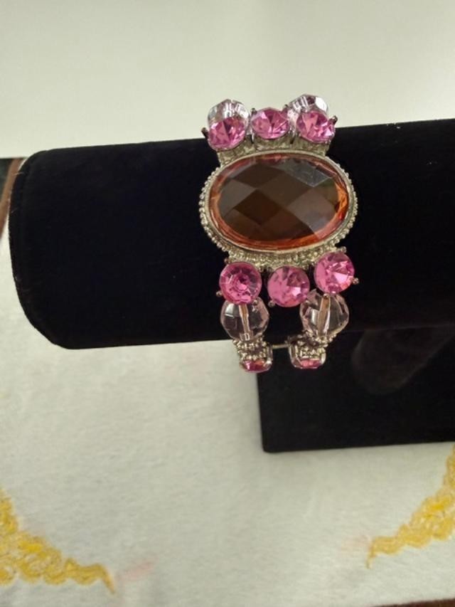 Pink Rhinestone Stretch Bracelet Amber Faceted Center Stone Silver Tone Boho