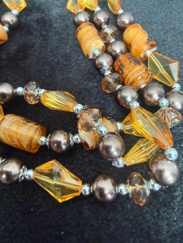 Amber Color  Glass Three Strand Necklace. Hook on Earring Set