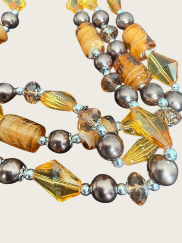 Amber Color  Glass Three Strand Necklace. Hook on Earring Set