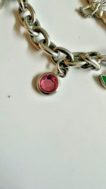 Silver Tone Cherub Angel Rose Pink Crystal Enamel Charm Bracelet